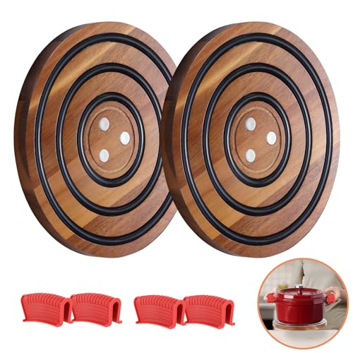 Acacia Wood Magnetic Trivets with Silicone Rings, Pot Holder for Cast Iron Dutch Oven & Skillets, Wood Trivet Stand