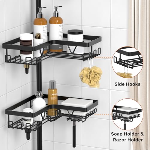 KEGII Corner Shower Caddy Tension Pole - Organizer for Floor to Ceiling, Towel Rack, Waterproof - Black, 25-114.2 inch