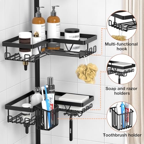 Kegii Telescopic Corner Shower Caddy Organizer with Toothbrush Holder - Rustproof Bathtub Shelf for Inside Shower, Adjustable Height
