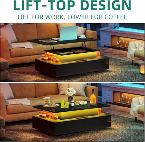 YITAHOME LED Coffee Table: Modern Rectangular with Lift Top, Storage Drawers, LED Light - Glossy Black