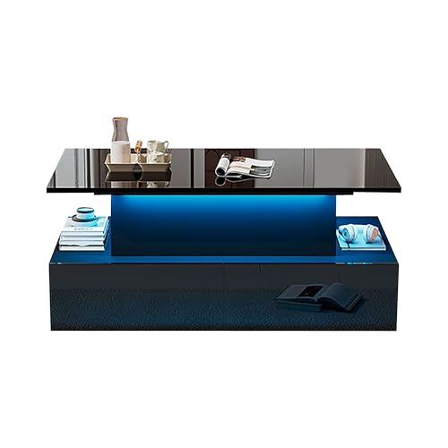 Smart Lift Top Coffee Table, Storage Drawers, Hidden Compartment, RGB Light Control, Glossy Surface, Hydraulic Lift Stand, Black