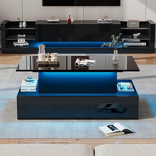 Smart Lift Top Coffee Table, Storage Drawers, Hidden Compartment, RGB Light Control, Glossy Surface, Hydraulic Lift Stand, Black