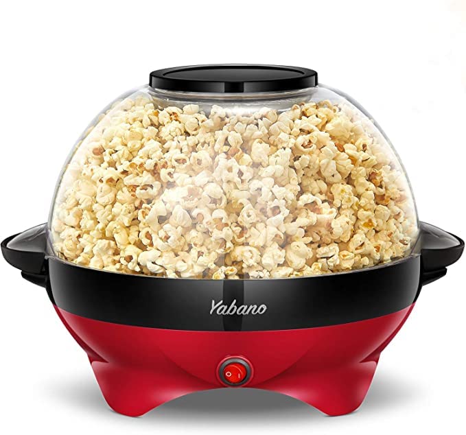 Popcorn Maker 6-Quart Popper, Nonstick Plate, Electric Stirring, Quick-Heat, Cool Touch Handles - Red&Black