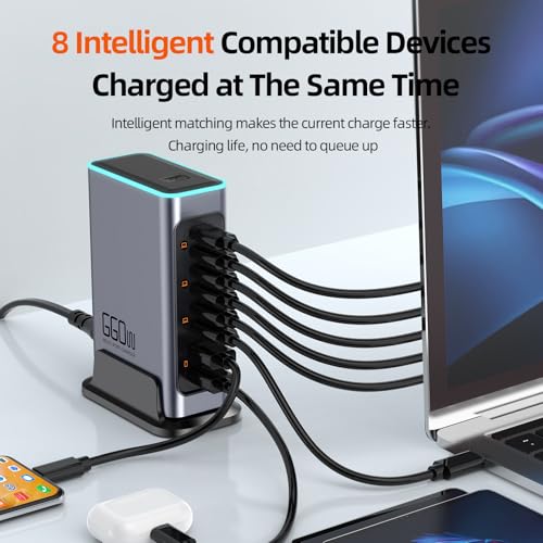USB C Charger 8-Port Fast GaN Station, Colorful Lights - Laptop, MacBook, Dell, iPad, iPhone, Samsung