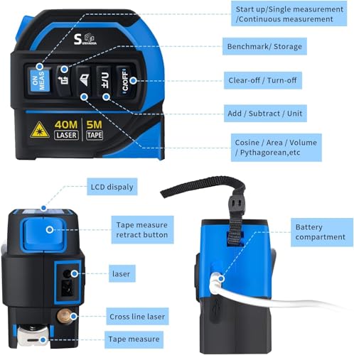 Brand 4-in-1 Laser Tape Measure: Laser Level, 130ft Distance, AutoLock Tape - Backlit LCD Display - DIY, Construction, Interior Design