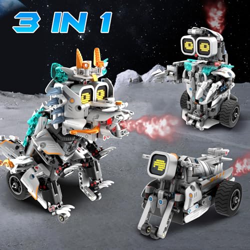 STEM Dino Motorcycle Robot Building Kit for Kids 6-14 - Remote & APP Controlled, Music Spray - 646 Pcs Blocks Set for Boys Girls