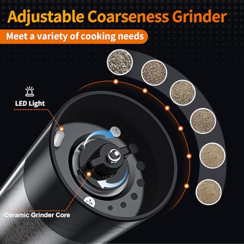 Lidaop Electric Salt Pepper Grinder Set USB Rechargeable 2Pack with LED Light - Adjustable Coarseness, Large Capacity - Kitchen, Restaurant, Outdoor
