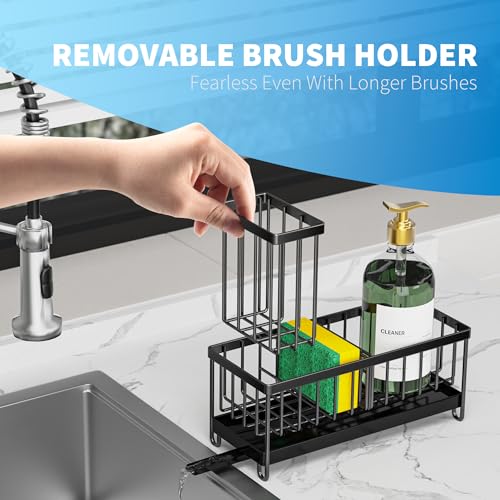 Cisily Black Sponge Holder for Kitchen Sink, Brush Holder, Rustproof Stainless Steel - Organize Kitchen Countertop Essentials
