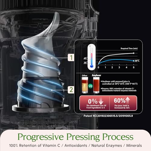 Anybear Cold Press Juicer 4.9 Inch Feed Chute, 350W Masticating Machine for Whole Fruits & Veggies, High Yield, BPA-Free Tritan