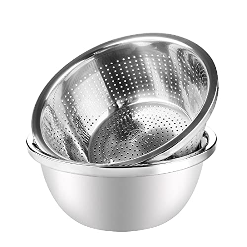 Linkidea Stainless Steel Colander Set of 2 - Kitchen Strainer with Bowl, Drainer Basket, Basin for Vegetable, Fruits, Pasta - Heavy Duty