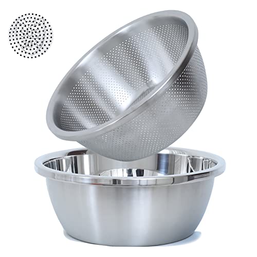 Stainless Steel Microporous Colander, 2.5QT Capacity with Mixing Bowl - Ideal for Washing Veggies, Fruits, Rice, Pasta