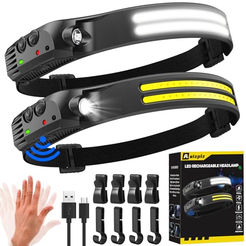 Super Bright Rechargeable Head Torch, 2000 Lumens, Wide Beam, Hands-Free Sensor, IPX5 Waterproof, Lightweight Headlamp for Camping
