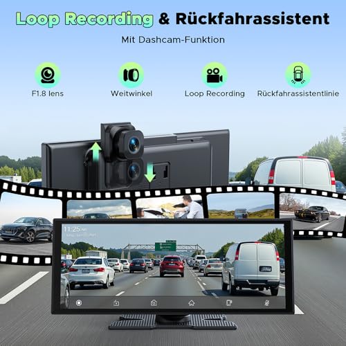 LAMTTO 10.25-inch Wireless CarPlay Android Auto Display with Dashcam - Voice Assistant, Map Navigation, Bluetooth - 64GB TF Card