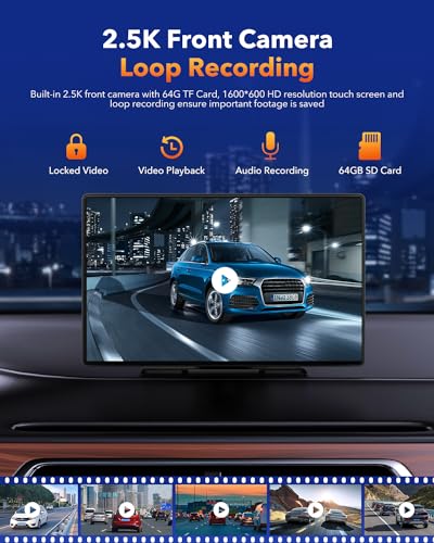 Volam Wireless Car Stereo 9 inch Screen, CarPlay & Android Auto, Dashcam, Navigation, Voice Assistant, Bluetooth, FM