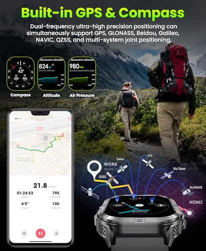 Rugged Military Smart Watch: GPS, LED Flashlight, Compass, AMOLED, Calls, Waterproof, Fitness Tracker, Heart Rate, Sleep - Men's Watch - Black