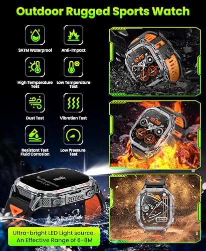 Rugged Military Smart Watch: GPS, LED Flashlight, Compass, AMOLED, Calls, Waterproof, Fitness Tracker, Heart Rate, Sleep - Men's Watch - Black