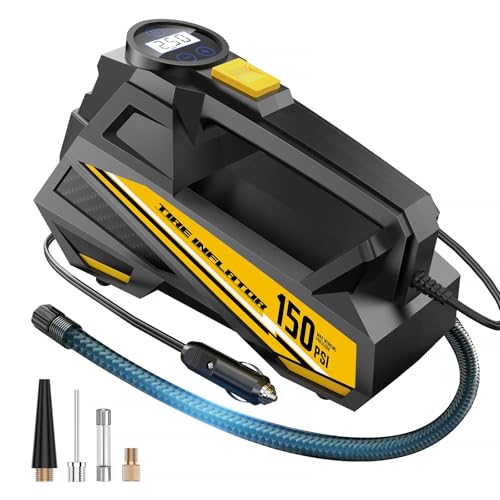 FLYKID 12V DC Air Compressor: Car Tyre Pump 150 PSI with LED Light & 3 Nozzle Adaptors - Preset Pressure, Auto Shutoff