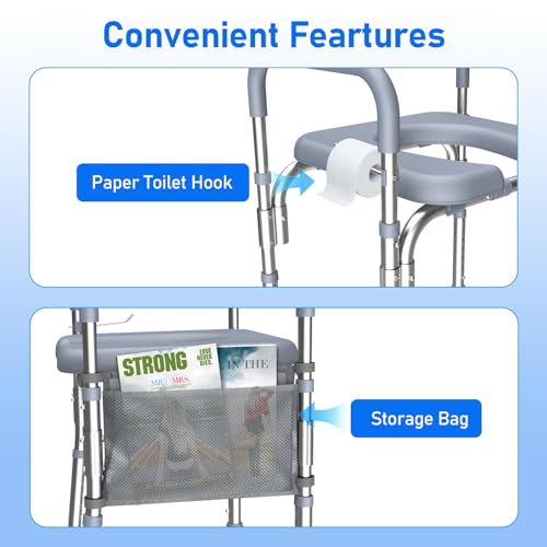 Elderly-Friendly Toilet Seat Riser with Handles, Adjustable Height - 400 lb Capacity - Grey