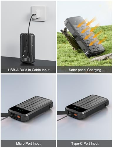 Brand Solar Charger Power Bank 40,000mAh, Fast PD 20W Charging, 4 Cables, USB-C, Flashlights - Camping Essentials