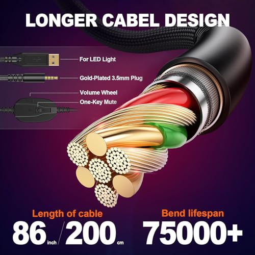 PG1 Gaming Headset with LED Light for PS4 PS5 PC Xbox Switch, Over Ear Wired Headphones with Noise Cancelling Mic - Deep Black