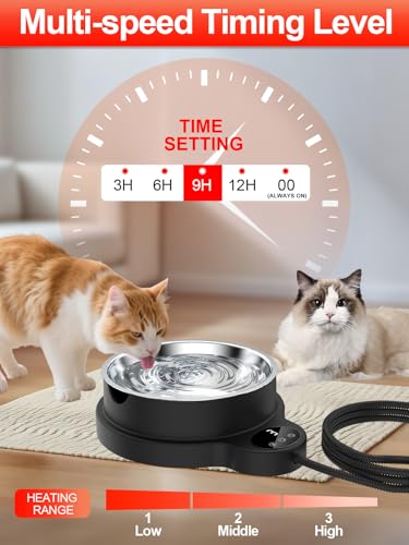 Thermal Pet Bowl: 3 Temp Settings, Timer, 50oz Heated Water Dish, Removable Stainless Bowl - Ideal for Outdoor Cats, Dogs, Birds, Ducks