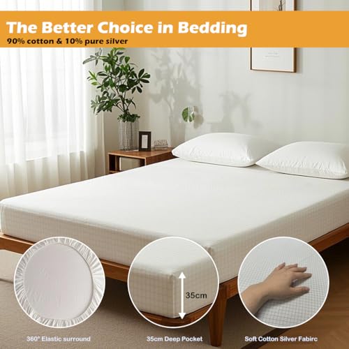 Grounded Double Size Fitted Sheet for Better Sleep, Organic Cotton with Pure Silver Fibers, Beige, 135x190 cm