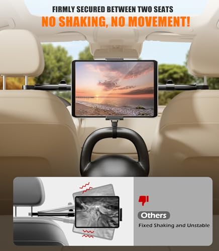 Tablet Holder for Car Headrest: Dual-Clamp Stability, 360° Adjustable, Back Seat Mount for iPad Pro/Air/Mini, Galaxy Tab, Kindle Fire