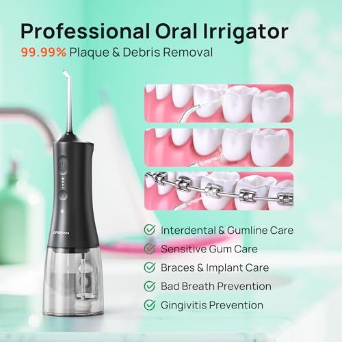 OPERAN Cordless Water Flosser for Adults Braces, 4 Modes, 4 Nozzles, 300ml Tank, IPX7 Waterproof - Travel-Friendly