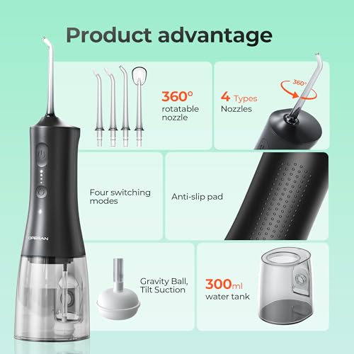 OPERAN Cordless Water Flosser for Adults Braces, 4 Modes, 4 Nozzles, 300ml Tank, IPX7 Waterproof - Travel-Friendly