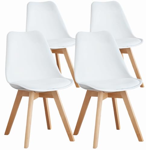 OLIXIS Mid-Century Modern Dining Chairs with Wood Legs & PU Leather Cushion - Set of 4, White