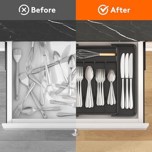 Lifewit Expandable Drawer Organizer for Utensils, BPA-Free Cutlery Holder, Adjustable Storage for Kitchen Spoons Forks Knives, 8.5-14.1 inch, Black
