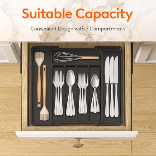 Lifewit Expandable Drawer Organizer for Utensils, BPA-Free Cutlery Holder, Adjustable Storage for Kitchen Spoons Forks Knives, 8.5-14.1 inch, Black