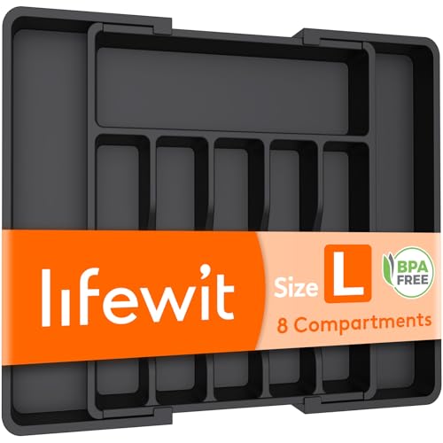 Lifewit Extendable Cutlery Tray Organizer for Kitchen Utensils - 8 Compartment Storage Holder, Black
