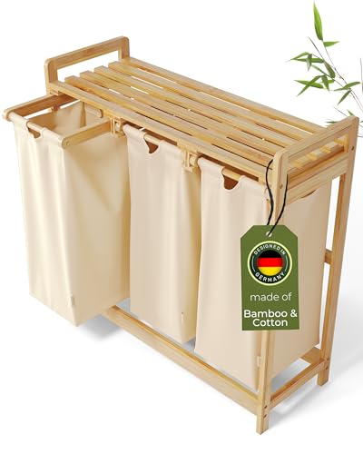 Bamboo Laundry Sorter: 3-Section Beige Hamper with Cotton Bags