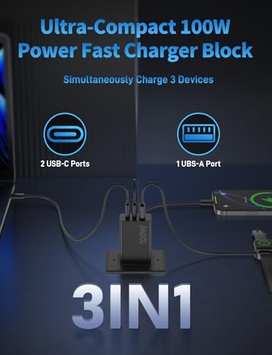 USB C Charger Block 100W, 3-Port Fast Charging Adapter for MacBook, iPhone, iPad, Samsung - Black