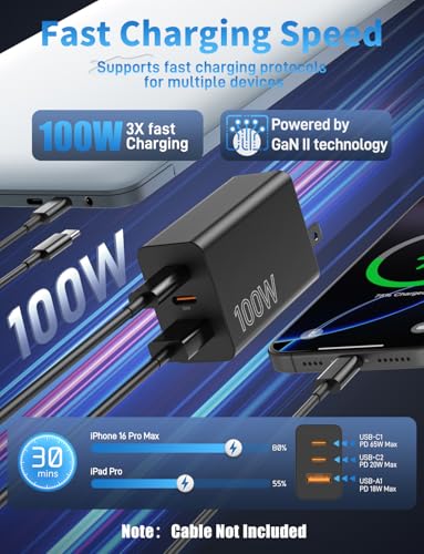 USB C Charger Block 100W, 3-Port Fast Charging Adapter for MacBook, iPhone, iPad, Samsung - Black