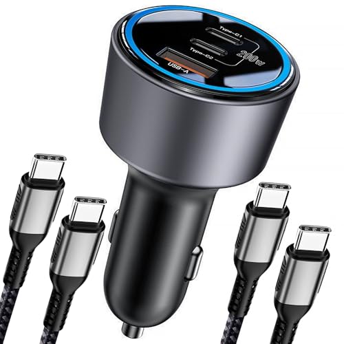 Fast Charge Car Adapter 200W USB C PD3.0 QC4.0 PPS Charger, 2x 100W Cables, 3-Port Type C Lighter for Dell XPS, MacBook, Galaxy S24