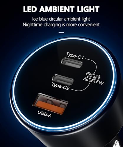 Fast Charge Car Adapter 200W USB C PD3.0 QC4.0 PPS Charger, 2x 100W Cables, 3-Port Type C Lighter for Dell XPS, MacBook, Galaxy S24