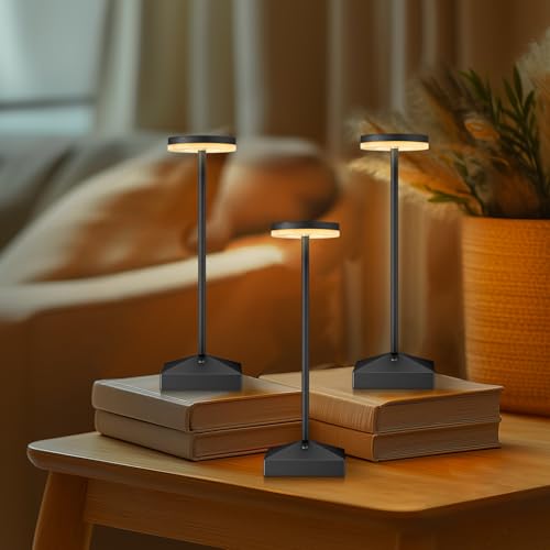 Black Small Cordless Table Lamps - Set of 3, Rechargeable LED Lights - Portable Touch Lamp for Bedside, Dining, Bar - Battery Operated