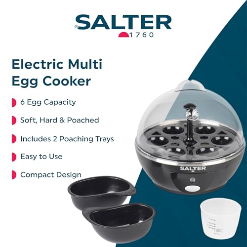 Salter Multi Egg Cooker: 6 Egg Boiler for Soft, Hard, and Poached Eggs - Measuring Cup, Removable Rack, 2 Trays - Easy Clean, Compact