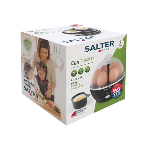 Salter Multi Egg Cooker: 6 Egg Boiler for Soft, Hard, and Poached Eggs - Measuring Cup, Removable Rack, 2 Trays - Easy Clean, Compact