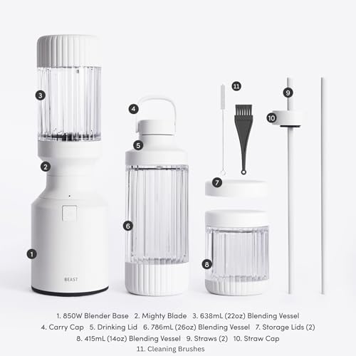 Beast Mighty 850 Plus Blender | Smoothies, Shakes, Ice Blend | XL Vessel | Extra Vessels, Lids, Straws