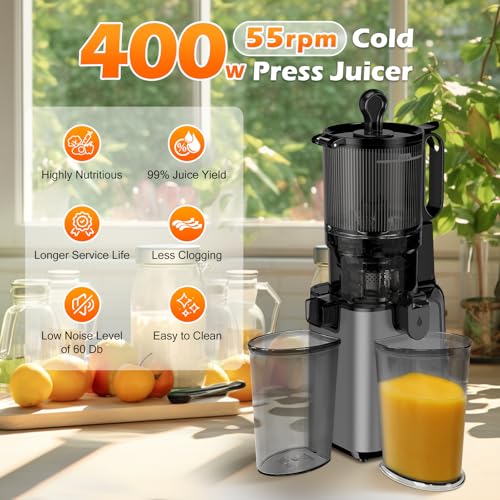 Juicer Machines 5.8" Feed Chute, Cold Press for Whole Fruits, 400W Masticating Juicer, Easy Clean Extractor, High Juice Yield