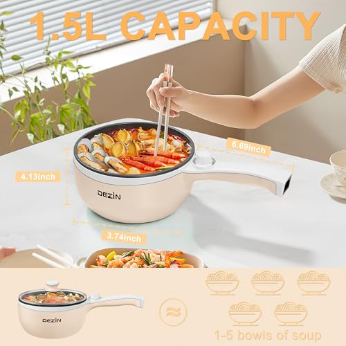 DEZIN Electric Cooker: Non-Stick Sauté Pan, 1.5L Mini Fondue Pot for Cheese, Stir Fry, Roast, Steam, Power Adjustment - Ideal for Ramen, Steak