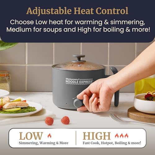 Elite Gourmet Noodle Express Hot Pot: Ramen, Rice, Soups, Stews - Stainless Steel Interior, Glass Lid - Grey