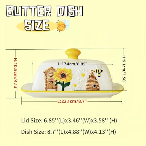HAN SHENG Ceramic Butter Dish - Airtight Keeper & Honeycomb Design - Farmhouse Storage, Rustic Kitchen Decor - Bee Garden Gift