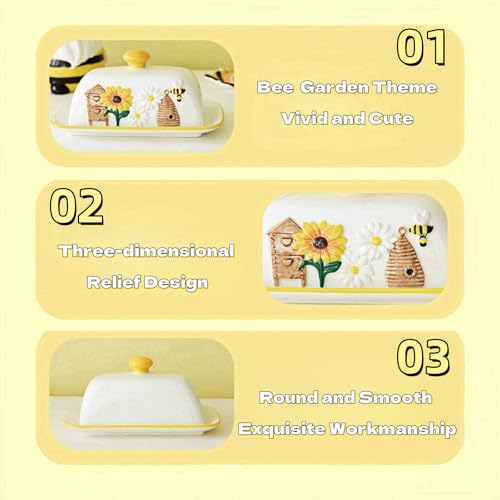 HAN SHENG Ceramic Butter Dish - Airtight Keeper & Honeycomb Design - Farmhouse Storage, Rustic Kitchen Decor - Bee Garden Gift