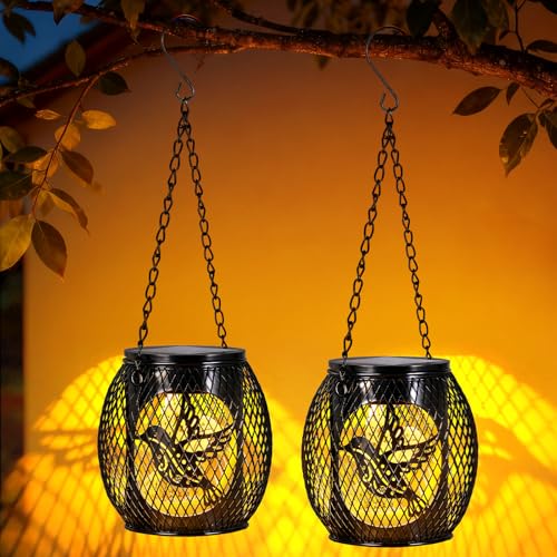 Solar Bird Lanterns 2 Pack LED Hanging Lights Garden Decor