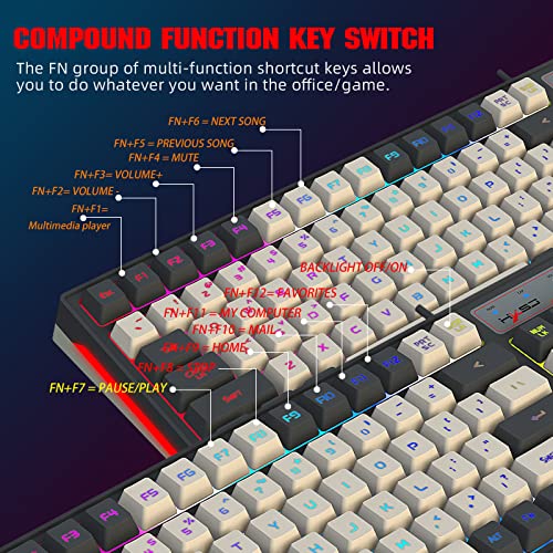 RGB LED Backlit Gaming Keyboard with Shortcut Keys, Anti-Ghosting, Multimedia - Ergonomic Design - 96 Keys - Desktop/Laptop