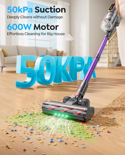 Brand Cordless Stick Vacuum 600W 50KPA, 65Mins Runtime, Touch Screen, Pet Tool, Wall-Charging, Fragrance Release